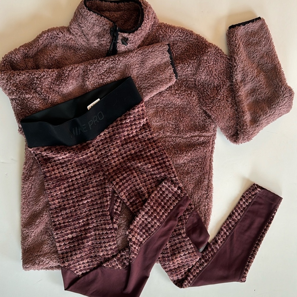 Nike and PINK fuzzy set, PINK 1/2 zip XS and Nike Pro Hyperwarm tights S, EUC